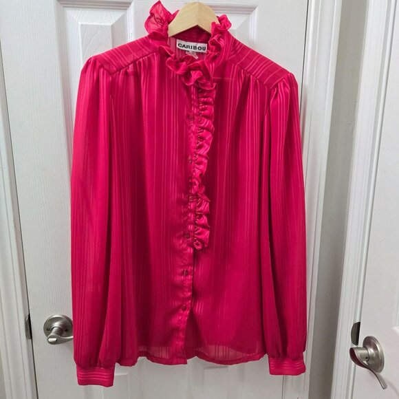 Vintage Caribou Button up Shirt Size 10 Hot Pink Sheer‎ Ruffled Blouse Coquette - Picture 1 of 7